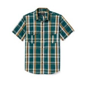 Filson Mens Large Teal Plaid Short Sleeve Button Down Cotton Utility Shirt L